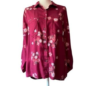Billy T Women’s Maroon Floral Button Down Shirt Size Medium